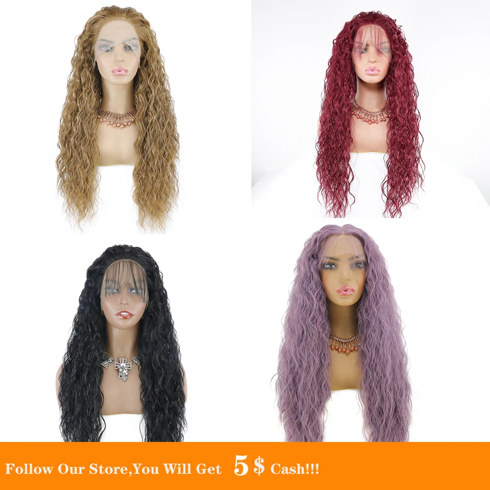 

13x4 female Synthetic Lace Front Wig Long Loose Curly Colorful Temperature Fiber Black Purple Blonde Wine Wig 4 Colors For Women