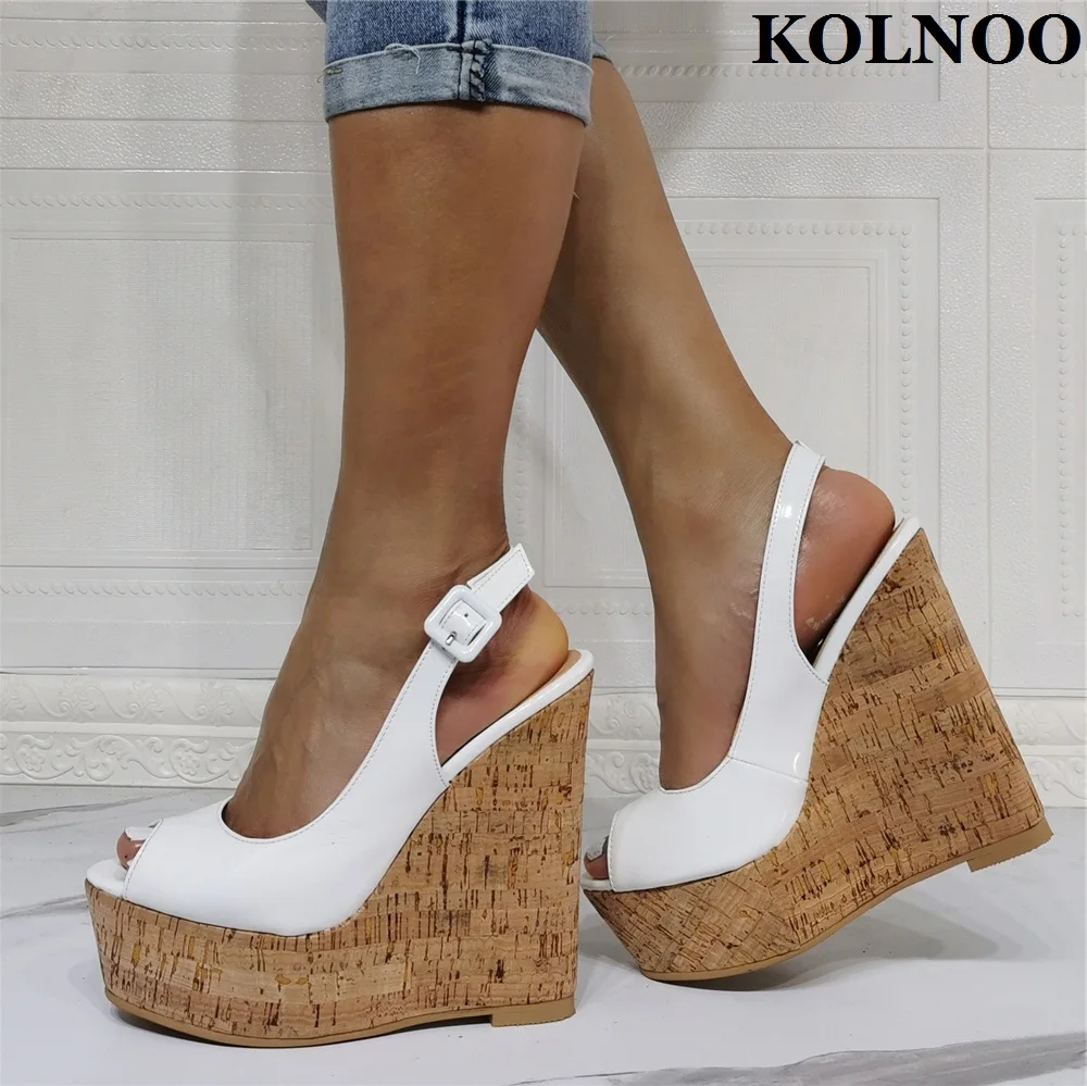 

Kolnoo Handmade Real Pictures Ladies Wedge Heeled Sandals Faux Leather Slingback Peep-Toe Evening Party Prom Fashion Daily Shoes