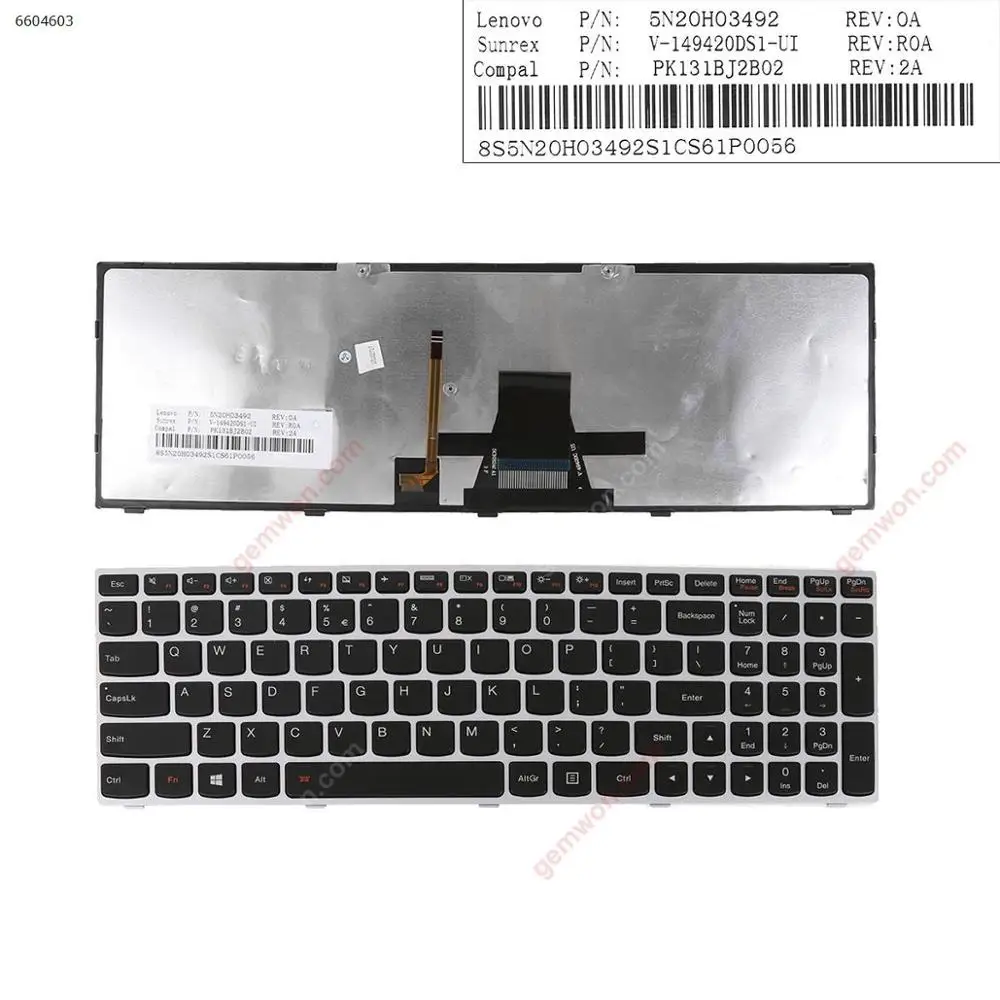 Notebook computer replacement laptop keyboard for LENOVO G50 SILVER FRAME BLACK (Backlit,with frame,WIN8)
Notebook computer replacement laptop keyboard for LENOVO G50 SILVER FRAME BLACK (Backlit,with frame,WIN8)