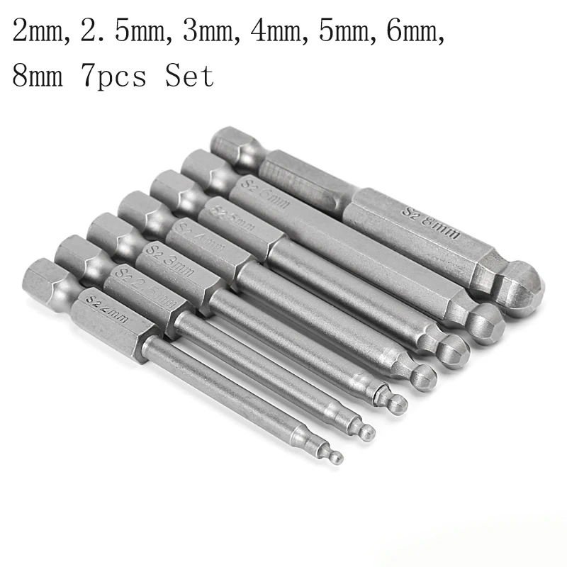 7pcs Metric 2mm - 8mm 65mm Magnetic Ball End Screwdriver Bits 1/4 Inch Hex Shank S2 Steel Electric Screwdriver Bit Set
7pcs Metric 2mm - 8mm 65mm Magnetic Ball End Screwdriver Bits 1/4 Inch Hex Shank S2 Steel Electric Screwdriver Bit Set