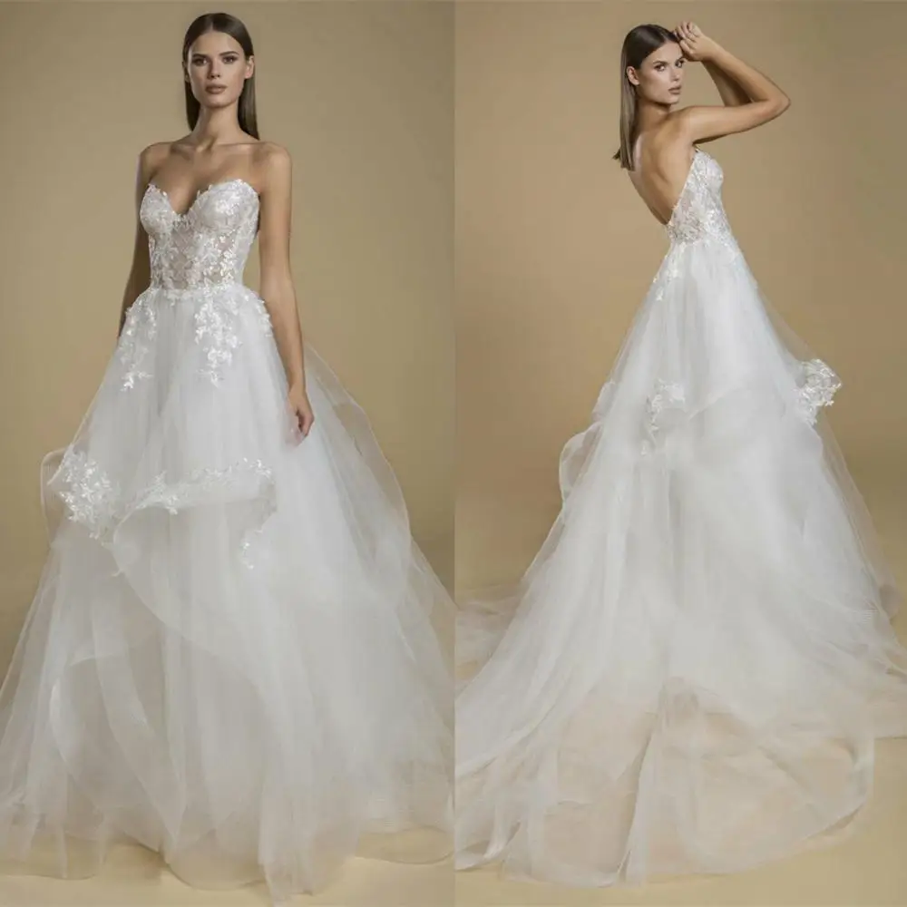 

2021 New Wedding Dresses Sexy Sweetheart Lace Applique Bridal Gowns Custom Made Open Back Sweep Train A-Line Beach Wedding Dress