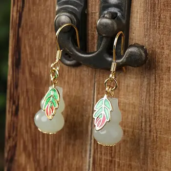 

New silver inlaid natural Hetian white jade gourd Earrings Chinese classical elegant charm light luxury women's brand jewelry