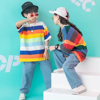 Girls T-shirt Jeans Set Hip-pop Costume Oversize Kids Striped T Shirt Denim Pants for Boys Street Wear Girls Dance Wear 3-17Y 
Girls T-shirt Jeans Set Hip-pop Costume Oversize Kids Striped T Shirt Denim Pants for Boys Street Wear Girls Dance Wear 3-17Y