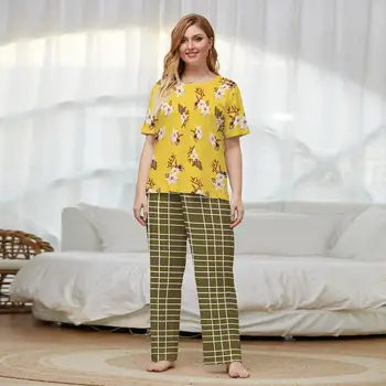 Women's Printing Floral Flowers Short-Sleeved Round Neck Tops Trousers Home Pajama Set Ladies Loose Nightwear Sleepwear
Women's Printing Floral Flowers Short-Sleeved Round Neck Tops Trousers Home Pajama Set Ladies Loose Nightwear Sleepwear