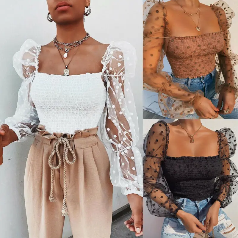 Sexy Women Wrinkled Backless Blouse Shirt Mesh Sheer Puff Sleeve Wrap Chest Tops 2020 Spring Summer Ladies Dots Blouse
Sexy Women Wrinkled Backless Blouse Shirt Mesh Sheer Puff Sleeve Wrap Chest Tops 2020 Spring Summer Ladies Dots Blouse