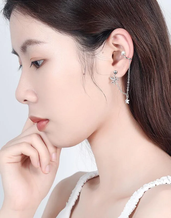 Sunnyyou Новинка 1 шт 925 серебро жемчуг Ангел манжета для уха со звездой клипса цепи