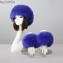 

New Autumn Winter Caps Female Hats Cuffs Set Fashion Warmth Imitation Quality Design Faux Fur Hat Fox Fur Sleeves Suit Accessary
