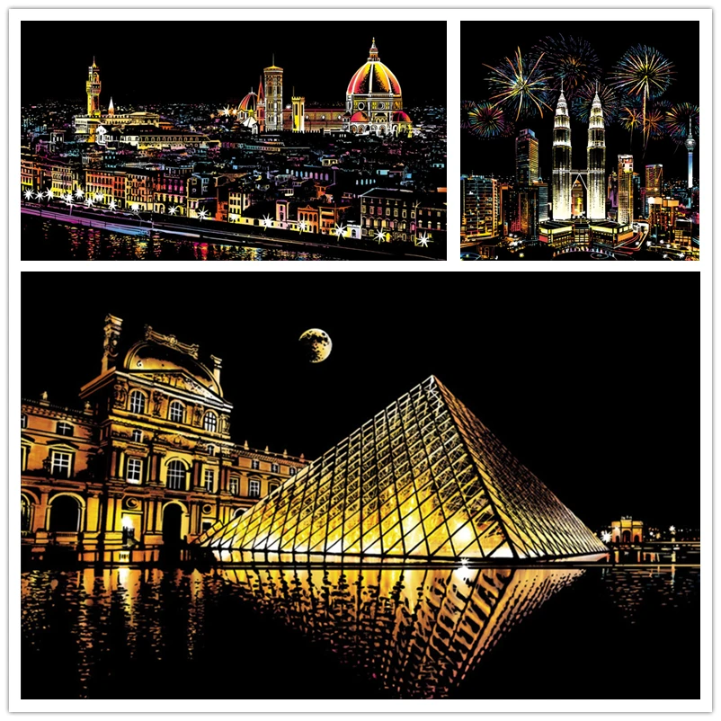 

DIY Manual Scraping Painting 40.5x28.5 CM Colorful Famous City Building Night View Magic Art Scratch Painting Paper Drawing Toys