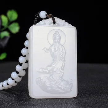 

Natural White Jade Guanyin Pendant Jadeite Necklace Charm Jewellery Fashion Accessories Hand-Carved Man Luck Amulet Gifts