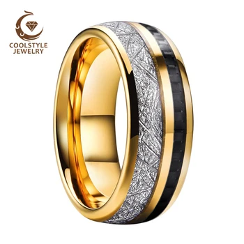 Yellow Gold Men Women Tungsten Wedding Band Ring With Black Carbon Fiber And Bright Meteority Inlay 8MM High Quality Comfort Fit 
Yellow Gold Men Women Tungsten Wedding Band Ring With Black Carbon Fiber And Bright Meteority Inlay 8MM High Quality Comfort Fit