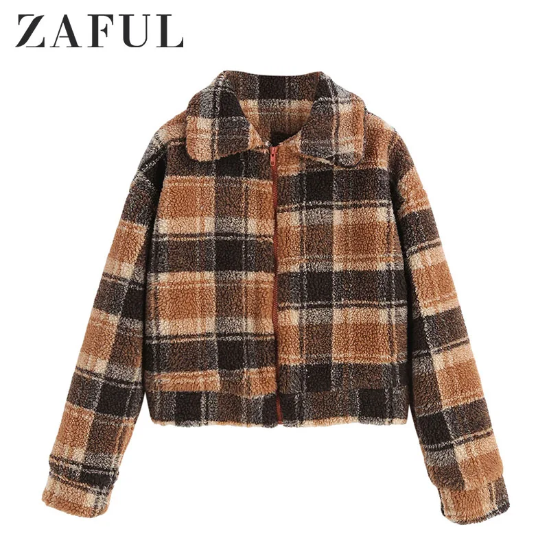 

ZAFUL 2019 Fashion Retro Casual Women'S Jacket Female Checked Faux Fur Short Coat Winter Jacket Women