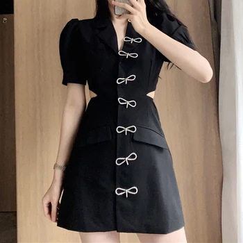 

HIGH STREET New Fashion 2020 Summer Designer Runway Dress Women's tailored collar short Sleeve Diamonds Beaded Bow Mini Dress