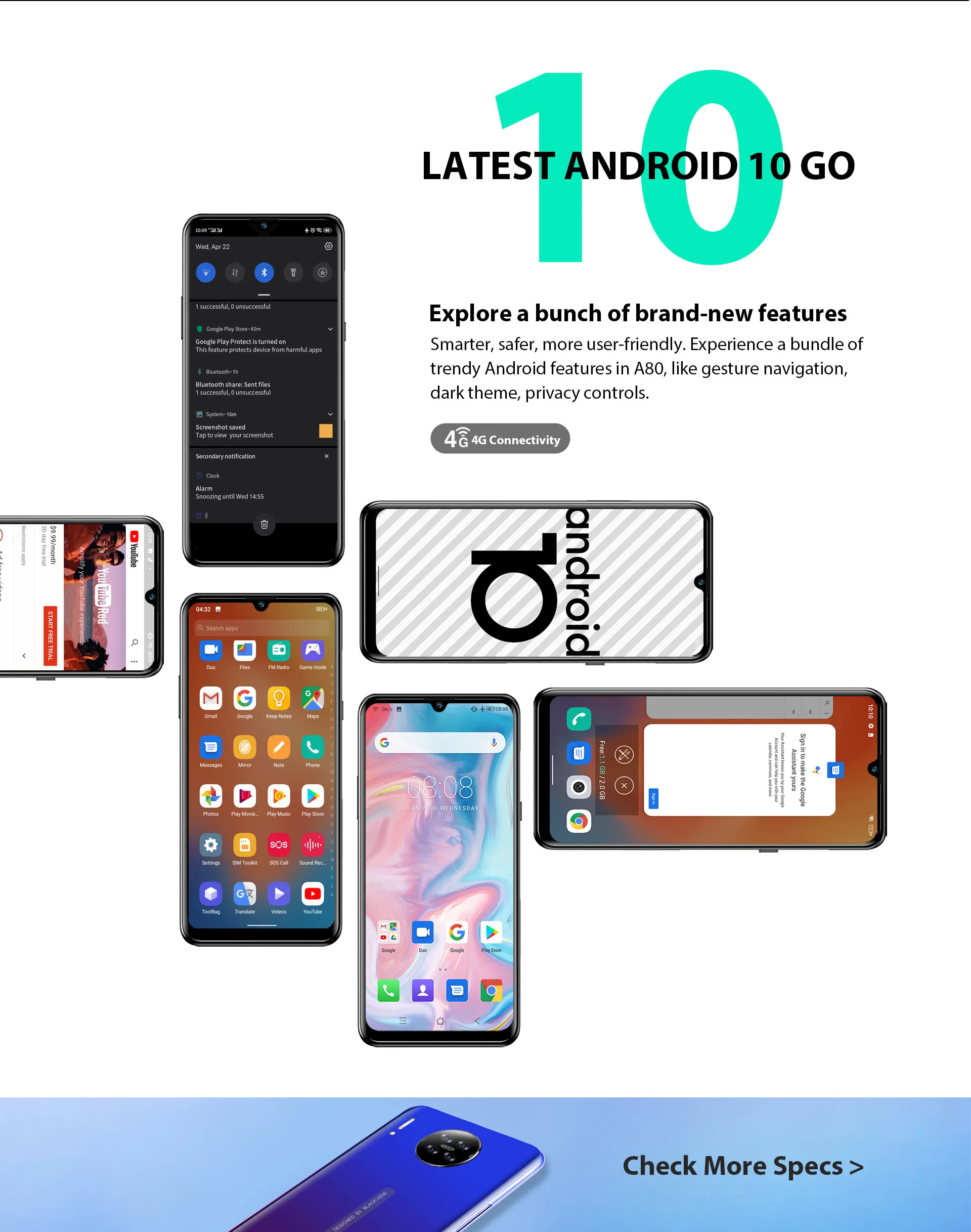 Blackview A80 6.21 Inch Waterdrop Screen Mobile Phone 2GB 16GB MT6737V/W Cellphone 4200mAh 4G Smartphone Android 10.0 Go Face ID