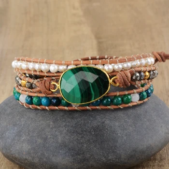 Pearl Bracelets 3 Strands Wrap Bracelets Handmade Bohemian Malachite Leather Bracelet Natural Malachite Pearl braid Bracelet
Pearl Bracelets 3 Strands Wrap Bracelets Handmade Bohemian Malachite Leather Bracelet Natural Malachite Pearl braid Bracelet