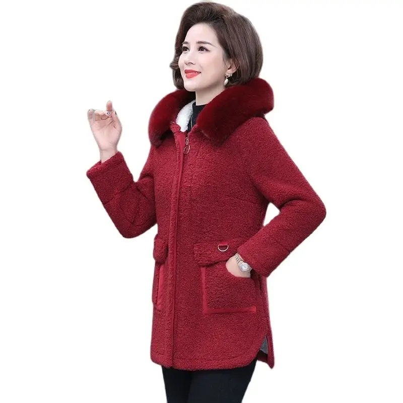 

Mother Winter Woolen Coat New 2021 Fashion Middle Aged Women Add Cashmere Thicken Grain Fleece Hooded Ladies Cotton Jacket
