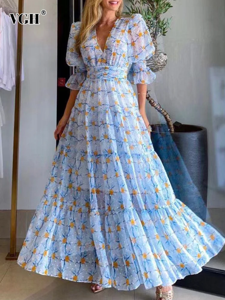 

VGH Casual Print Spring Dress For Women V Neck Half Flare Sleeve Gathered Waist Midi Dresses Female 2022 Fashion Clothing Style