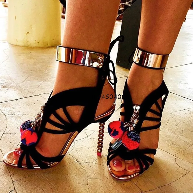 

Hot Fringe Tassel Stiletto Sandals Metal Ankle Wrap Beading Heel Pumps Shoes Pom Pom Lace Up Cut-out Sandals Shoes Woman