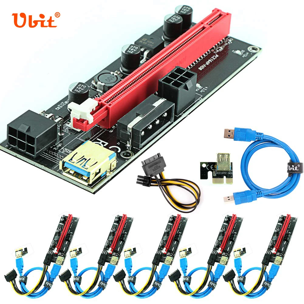 

6pcs Ubit PCI-E Riser Card Dual 6pin Power Adapter Cable USB3.0 PCI Express 16X to 1X LED Graphics Expansion Ethereum Mining