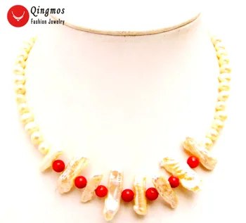 

Qingmos Natural 20mm Biwa Pink Pearl Pendant Necklace for Women with 6-7mm Round White Pearl & Red Jade Necklace 17'' Chokers