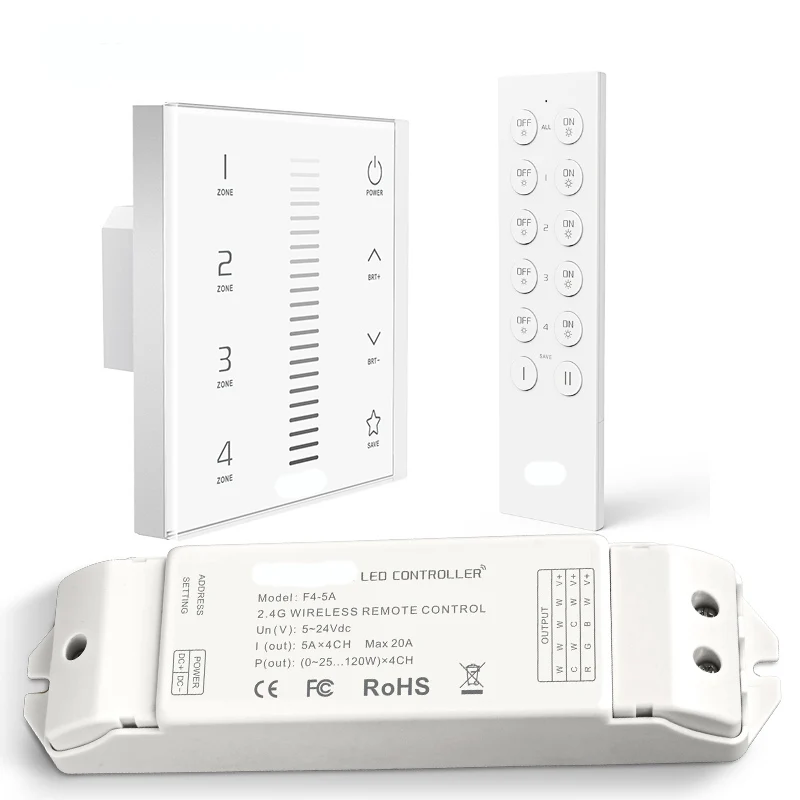 

LTECH New led Dimmer EX5 4 Zones Touch Panel 2.4GHz RF AC100V-240V Input with 4 Channel F4-5A Wireless Receiver F5 Remote