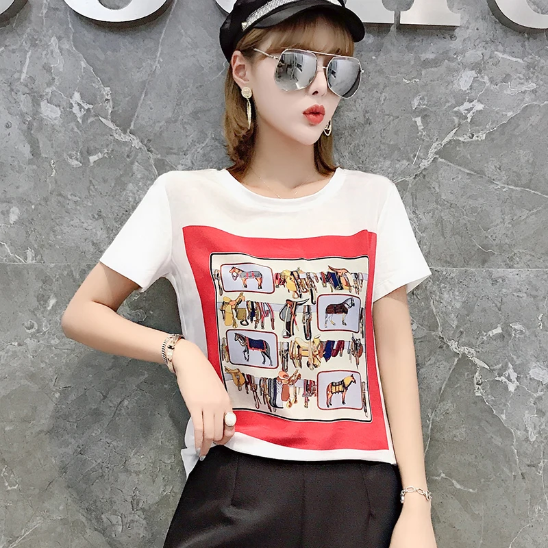 Europe Print Short Sleeve T-Shirts Women 2019 Summer New Loose Tshirt Fashion Street Tees Korea All Match Casual White Tops 
Europe Print Short Sleeve T-Shirts Women 2019 Summer New Loose Tshirt Fashion Street Tees Korea All Match Casual White Tops