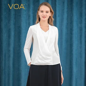 VOA milk white silk stretch heavy crepe fake two-piece double collar knit sleeve georgette stitching casual T-shirt B9076 
VOA milk white silk stretch heavy crepe fake two-piece double collar knit sleeve georgette stitching casual T-shirt B9076