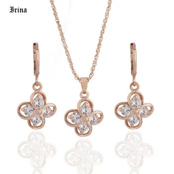 

Fashion Jewerly 585 Rose Gold Color Luxury Cubic Zirconia Flower Pendant Necklace Earrings Set For Woemn Wedding Bridal Ear