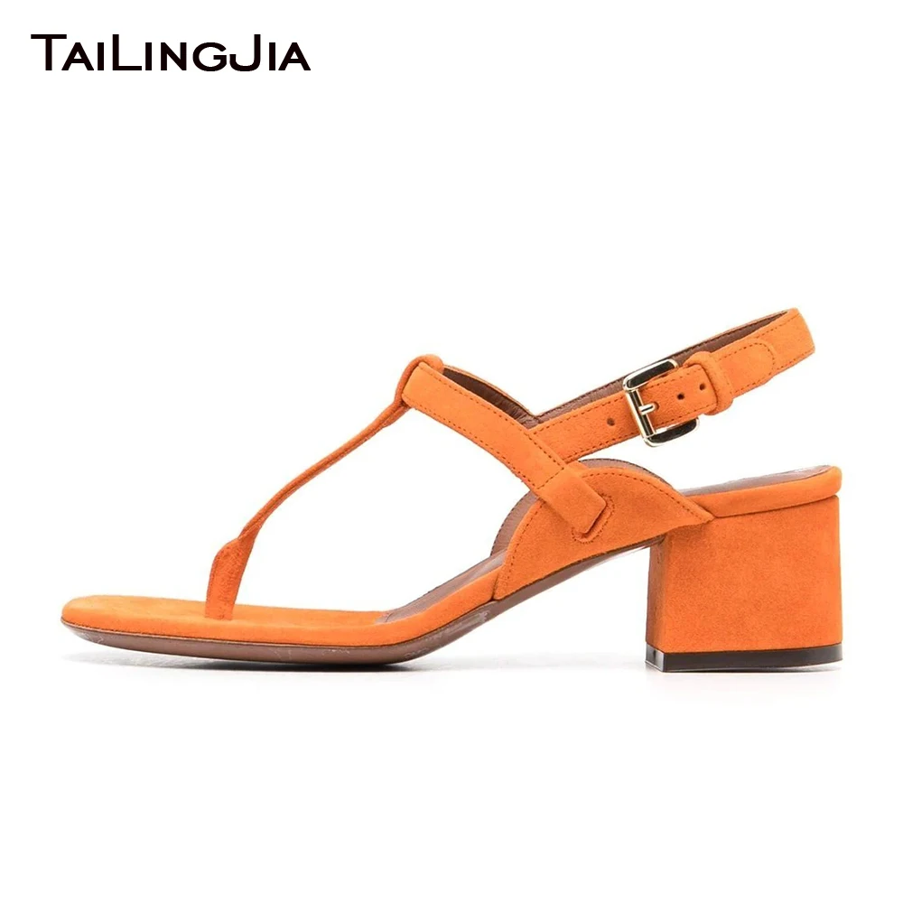 

Block Heel Thong Sandals for Women Flip Flops Shoes Orange Chunky Heel Party Heels 2021 New Ladies Big Size T-Strap Heeled Shoe