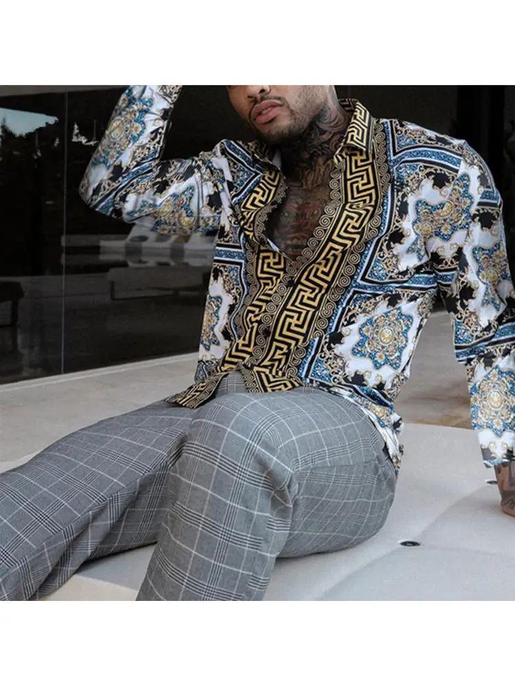 Autumn Man Vintage Slim Fit Shirt 2020 New Men Ethnic Print Stand Collar Long Sleeve Oversized Men Shirt Poleras Hombre Clothing