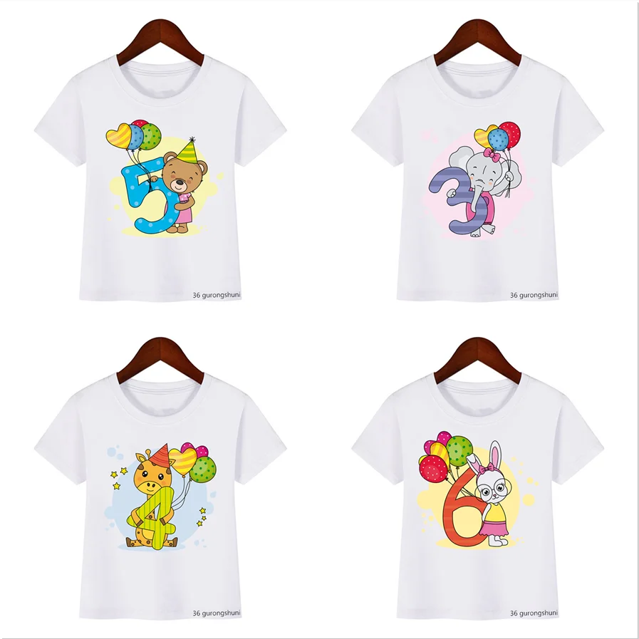

New Cute Kawaii Animal Number 3-9th Birthday T Shirt Bunny Elephant Bear Balloon T-Shirt Tees Top Young Children Little Girl Boy