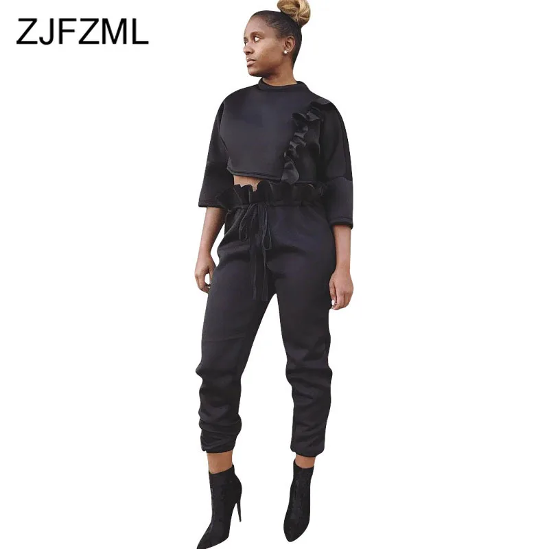 Ruffles Two Piece Sweat Suits Women Clothes Round Neck Three Quarter Sleeve Crop Top + Straight Pants Causal Black 2 Pcs Outfit
Ruffles Two Piece Sweat Suits Women Clothes Round Neck Three Quarter Sleeve Crop Top + Straight Pants Causal Black 2 Pcs Outfit