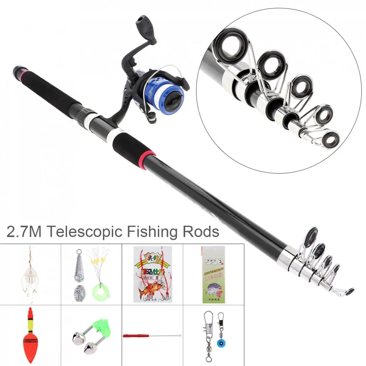 

2.7 Fishing Rod Reel Line Combo Full Kits Spinning Reel Pole Set with Carp Fishing Lures Float Hooks Beads Bell Lead Weight Etc