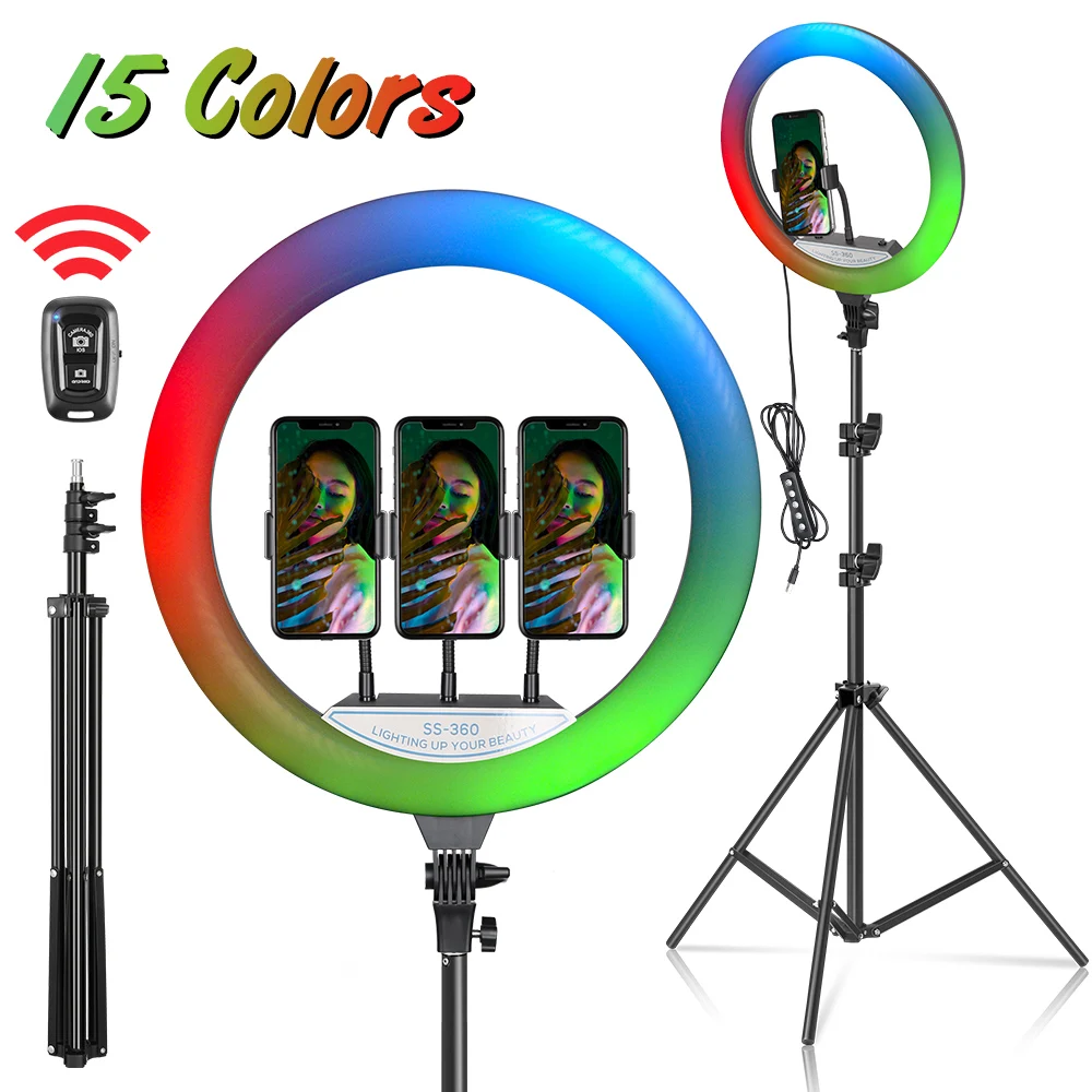 SH 10/12/14 Inch RGB Selfie Ring Light With Stand Tripod Photo Studio LED 15 Color Dimmable Ring Lamp For Phone Makeup SH 10/12/14 Inch RGB Selfie Ring Light With Stand Tripod Photo Studio LED 15 Color Dimmable Ring Lamp For Phone Makeup