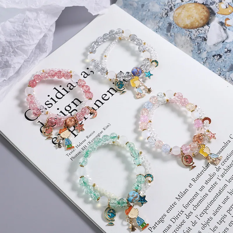 

Korean Fashion Aesthetic Crystal Glass Beaded Bracelets Jewelry Cute Sweet Cartoon Stars Moon Pendant Bracelet for Girl Women