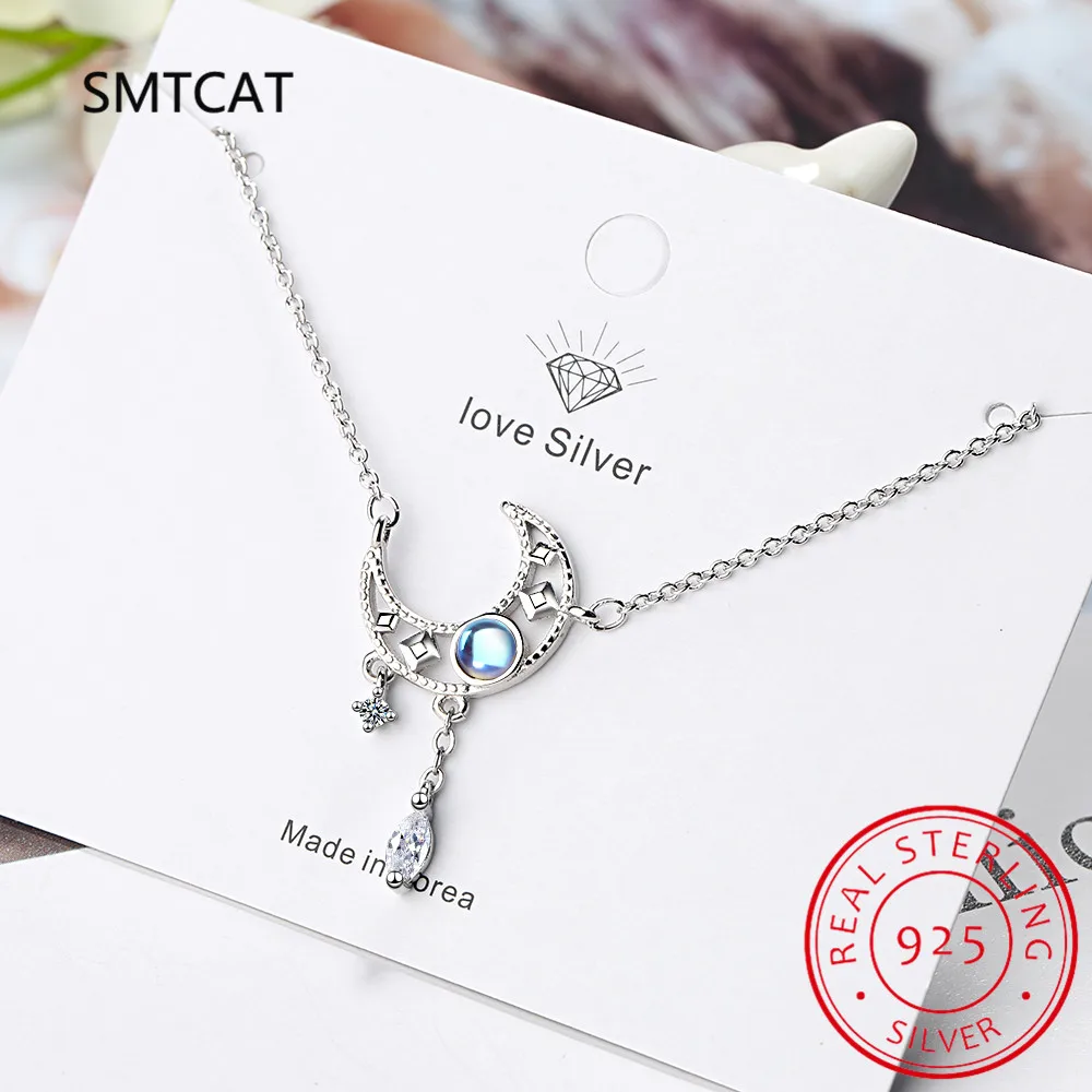 S925 Stamp Colorful Moonstone Clavicle Chain Necklace Silver Color Moon Zircon Tassel Jewelry For Women S-N508 | Украшения и