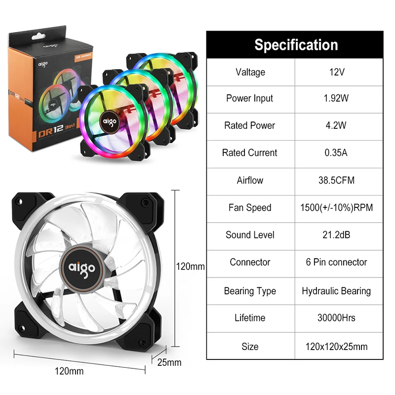 Вентилятор охлаждения Aigo DR12 120 мм с пультом тихий кулер для игрового компьютера