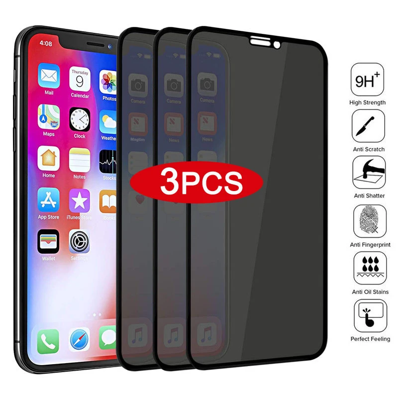 Фото 3Pcs Full Cover Black Edge Anti-spy Tempered Glass Private Screen Protector For iPhone 13 12 11 Pro MAX X XS Max XR 6s 7 8 Plus | Мобильные
