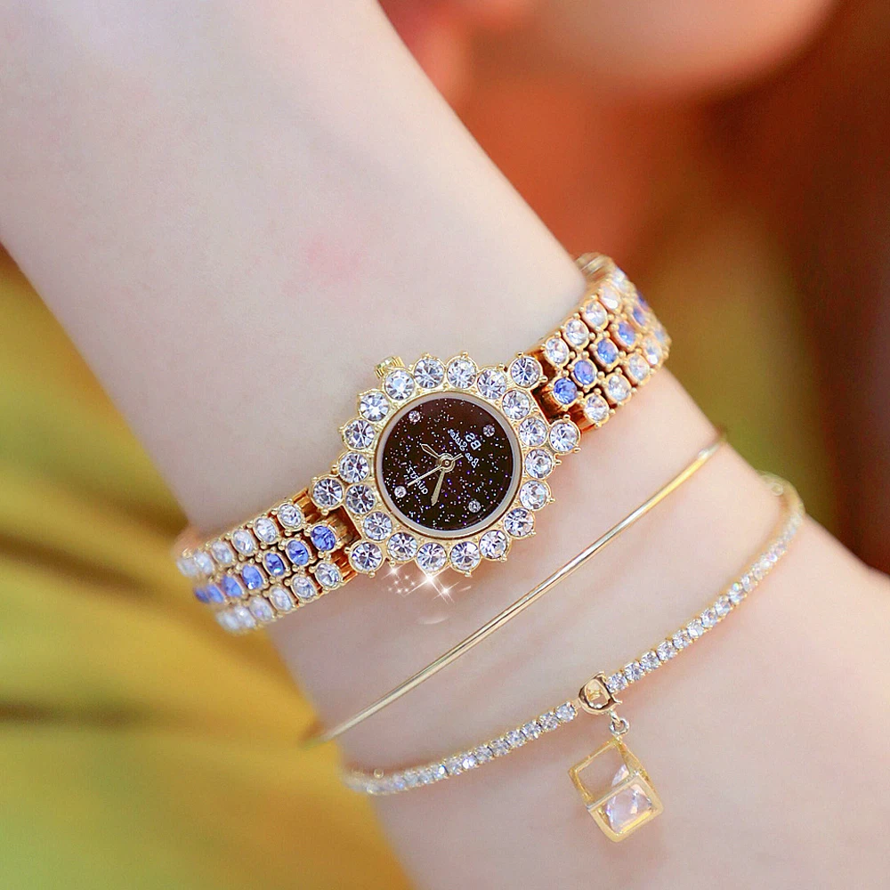 Фото Новинка 2019 золотые женские часы платье кварцевые с бриллиантами роскошные от