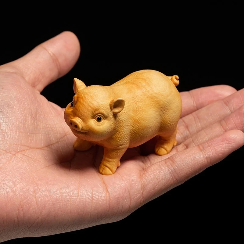 

7CM Boxwood Lucky Pig Statue Crafts Feng Shui Cute Zodiac Pig Sculpture Small Animal Ornaments Gift Home Decor