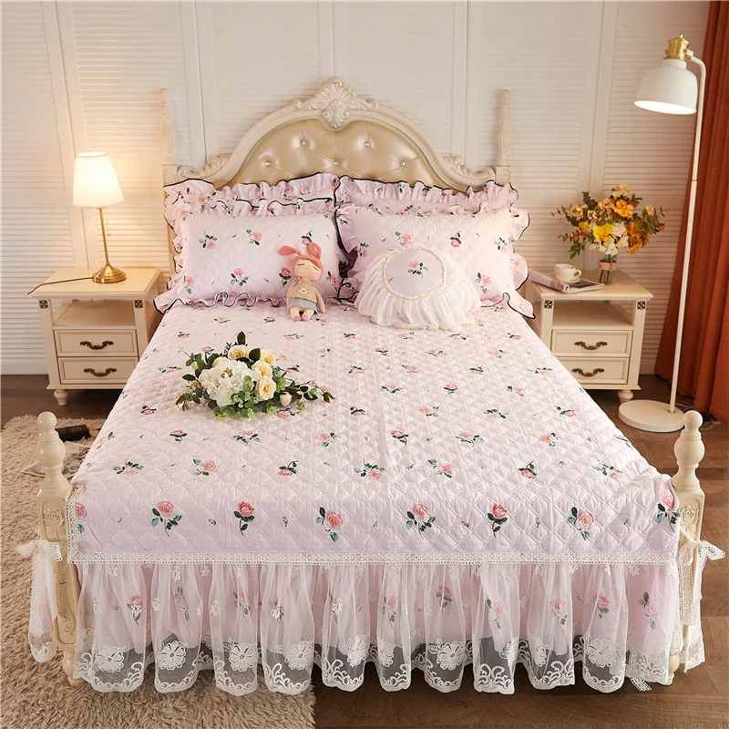 

100% cotton Quilting Korean style Bed Skirt 1.2m/1.5m/1.8m/2.0m size Bedspread Bed Sheet lace Bed Cover Pillowcase Bedding Set