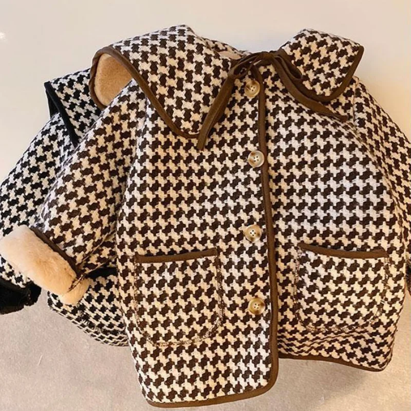 Зимнее бархатное плотное теплое пальто для девочек, детская куртка с лацканами «гусиные лапки» 
Зимнее бархатное плотное теплое пальто для девочек, детская куртка с лацканами «гусиные лапки»