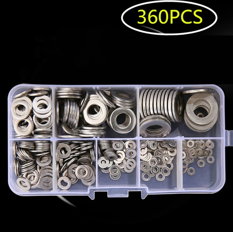 360Pcs/set M2 M3 M4 M5 M6 M8 M10 304 Stainless Steel Flat Washer Plain Washer Gaskets Assortment Metric Flat Gasket Kit Flat Pad
360Pcs/set M2 M3 M4 M5 M6 M8 M10 304 Stainless Steel Flat Washer Plain Washer Gaskets Assortment Metric Flat Gasket Kit Flat Pad