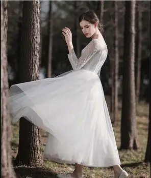 Vintage A-line Tea Length Lace Tulle Short Wedding Dresses With 3/4 Sleeves Pearls Back A-line Informal Outdoor Bridal Gown
Vintage A-line Tea Length Lace Tulle Short Wedding Dresses With 3/4 Sleeves Pearls Back A-line Informal Outdoor Bridal Gown