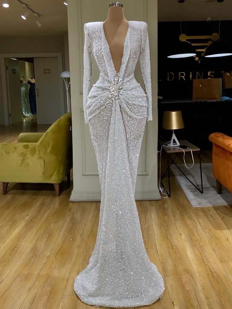 Arabian Design Vestidos De Fiesta Plunging V Neck Blnig Bling Pleated Long Sleeve Mermaid Evening Dresses
Arabian Design Vestidos De Fiesta Plunging V Neck Blnig Bling Pleated Long Sleeve Mermaid Evening Dresses