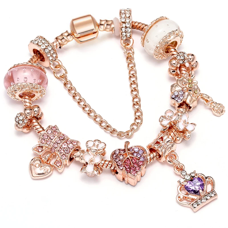 

European Charm Bracelet with Crown Bead Pave Charm for Direct Delivery of Fine Bracelet Women's Jewellery Rose Gold Snake Chain