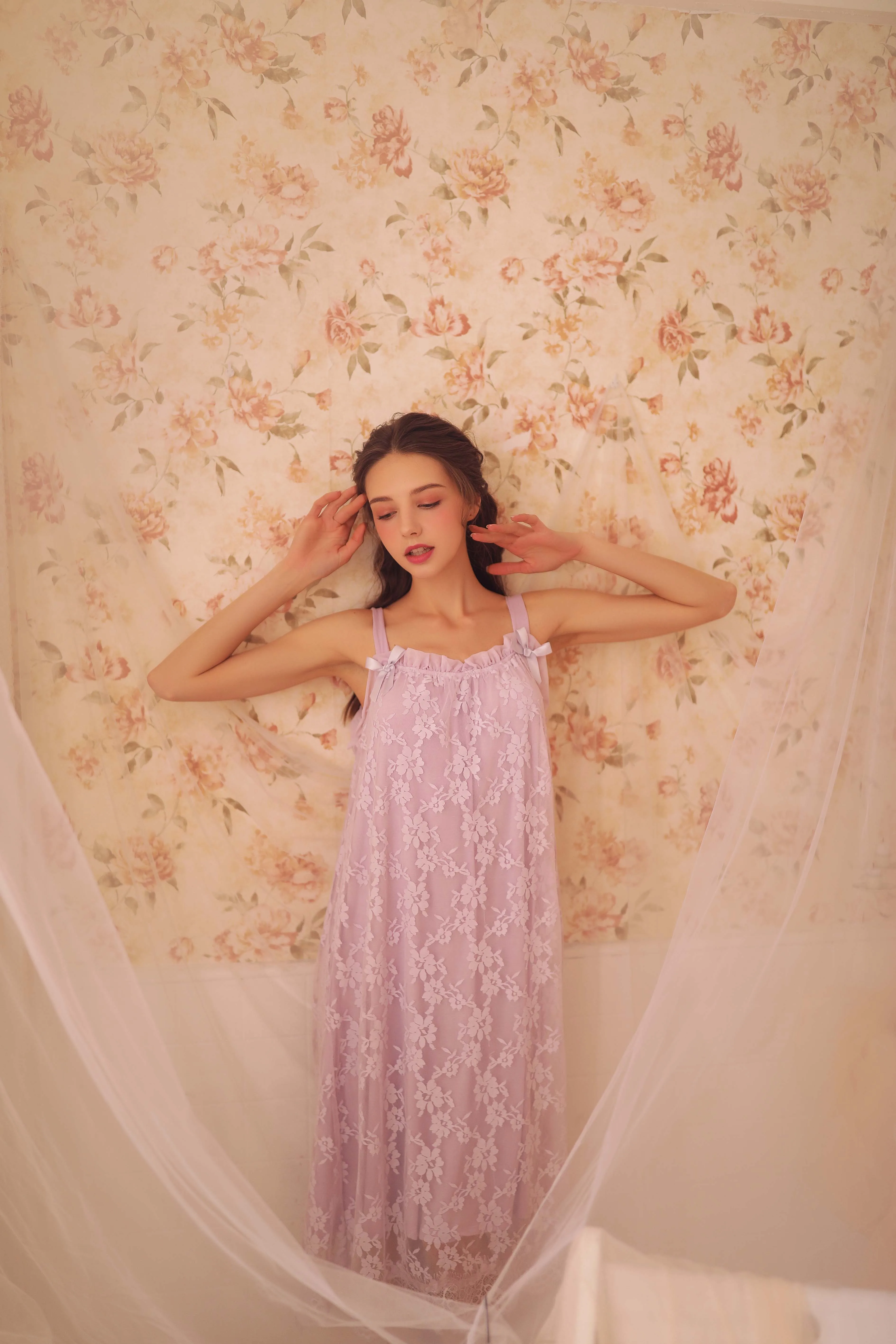 Waliicorners summer retro lace sweet princess suspenders double long nightgown nightdress sleep dress 16 Hcc70c6f7ad9549e48c46c38edd71b47fD