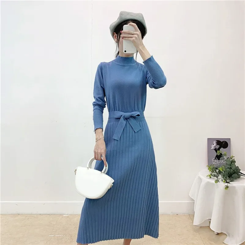 Autumn Winter Maxi Sweater Dress Women Long Sleeve Dress With Belt Elegant A-Line Solid Slim Dress 
Autumn Winter Maxi Sweater Dress Women Long Sleeve Dress With Belt Elegant A-Line Solid Slim Dress