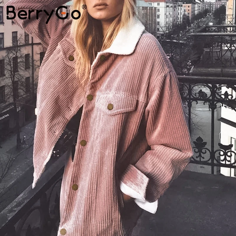 Фото BerryGo Простая вельветовая зимняя куртка женская с длинным рукавом - купить