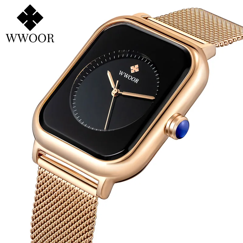 Женские кварцевые часы WWOOR прямоугольные цвета розового золота с черным циферблатом 2020|Женские часы| |