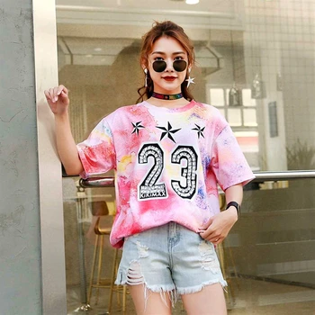 2020 New Summer Women O-Neck Short Sleeve Loose Cotton T-shirts Female Fashion Street Style Sequin Printing Stitching Tops QX186
2020 New Summer Women O-Neck Short Sleeve Loose Cotton T-shirts Female Fashion Street Style Sequin Printing Stitching Tops QX186